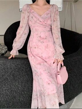 Elegant Pink Floral Long Sleeve Wrap Maxi Dress